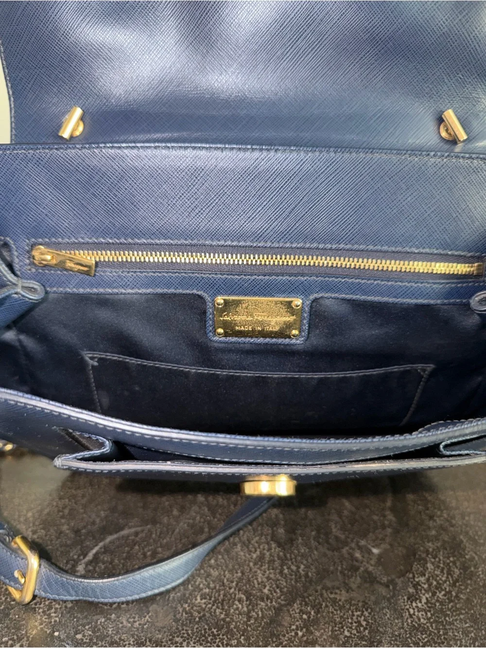 Salvatore Ferragamo Navy Saffiano Leather Vara Shoulder Bag with Gold Hardware - Picture 15 of 16